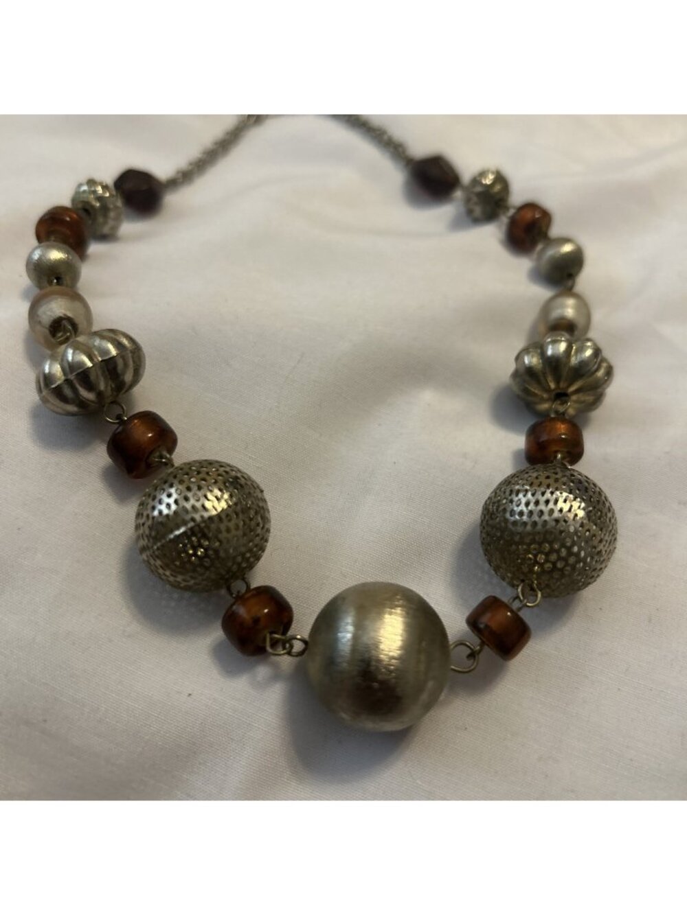 Chunky Beaded Statement Necklace Silver Tone & Brown Rhinestone Ball Adjustable